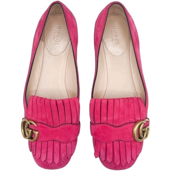 Gucci Kid Scamosciato GG Marmont Fringe Flats Hot Pink 36.5 - Picture 2 of 10